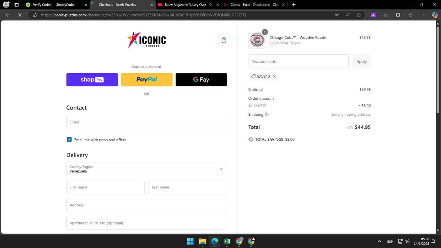 Iconic Puzzles discount code screenshot showing code SAVE10 applied at Iconic Puzzles checkout page. Uploaded by SimplyCodes community member tonikros on Jan 14, 2025