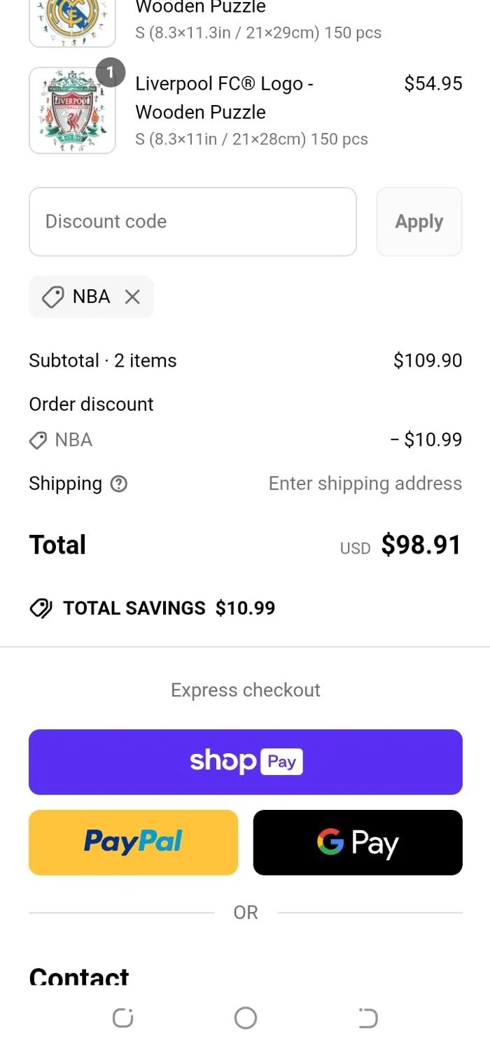 Iconic Puzzles discount code screenshot showing code NBA applied at Iconic Puzzles checkout page. Uploaded by SimplyCodes community member yajairagonzalez1 on Apr 17, 2025