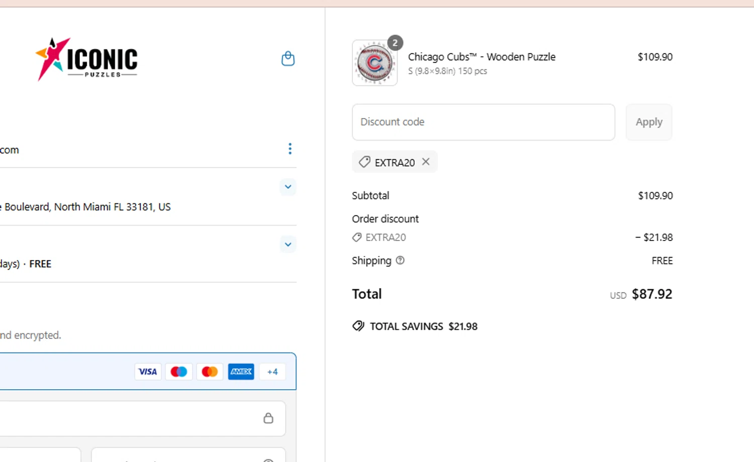 Iconic Puzzles discount code screenshot showing code EXTRA20 applied at Iconic Puzzles checkout page. Uploaded by SimplyCodes community member luisaballera on Apr 24, 2025