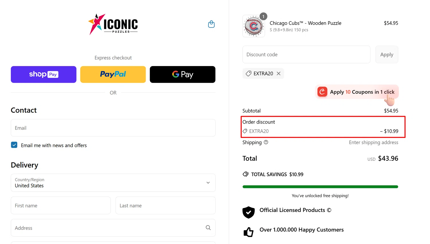 Iconic Puzzles discount code screenshot showing code EXTRA20 applied at Iconic Puzzles checkout page. Uploaded by SimplyCodes community member jamesalbertstevens on Apr 24, 2025