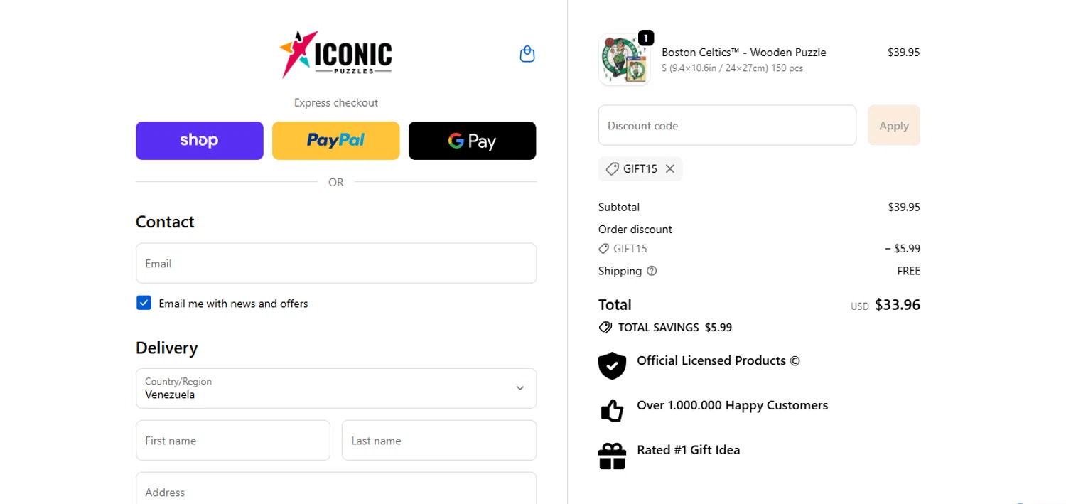 Iconic Puzzles discount code screenshot showing code GIFT15 applied at Iconic Puzzles checkout page. Uploaded by SimplyCodes community member juanisaac on Oct 19, 2025