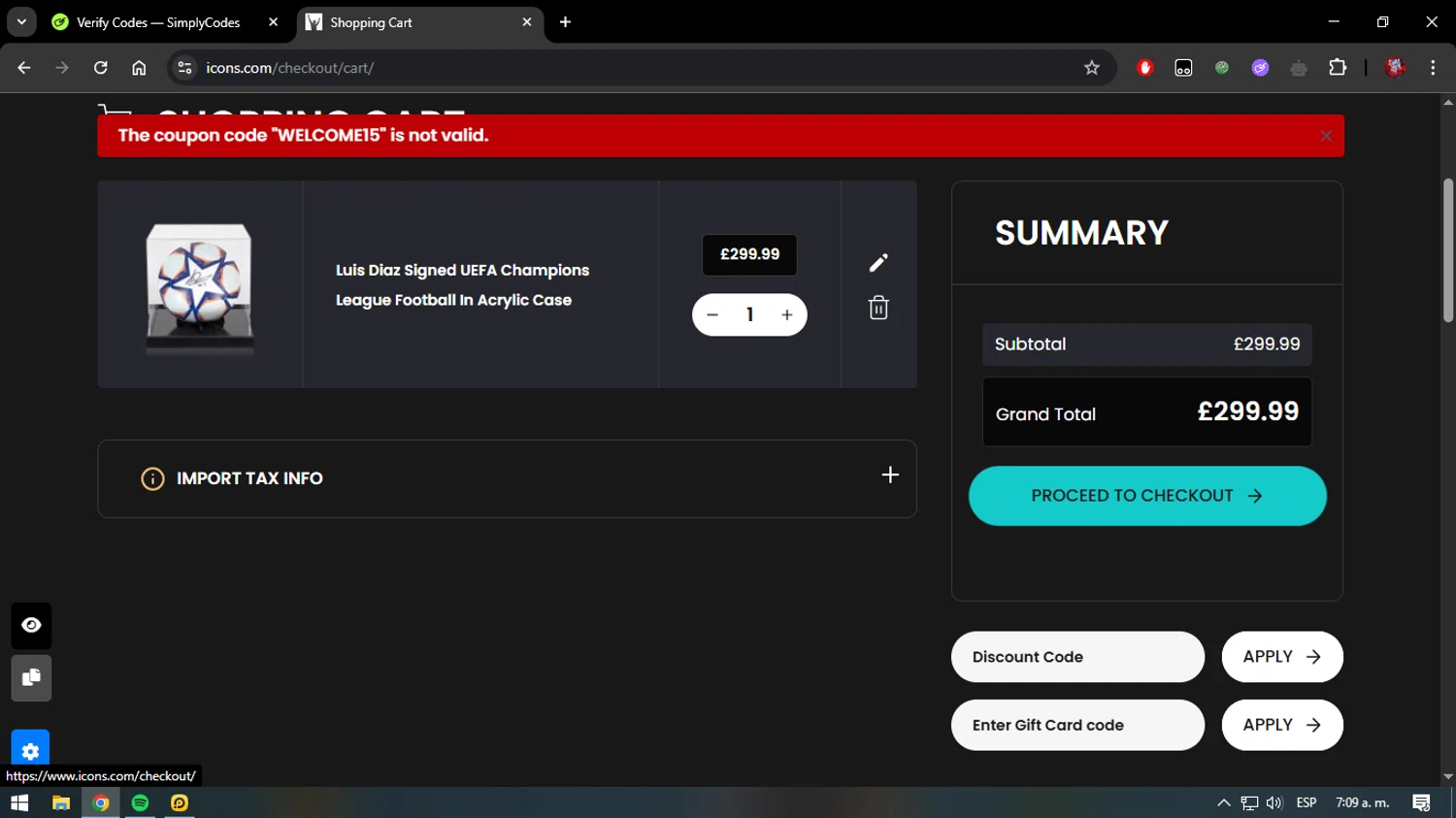 Icons.com discount code screenshot showing code WELCOME15 applied at Icons.com checkout page. Uploaded by SimplyCodes community member verify_codes on May 25, 2025