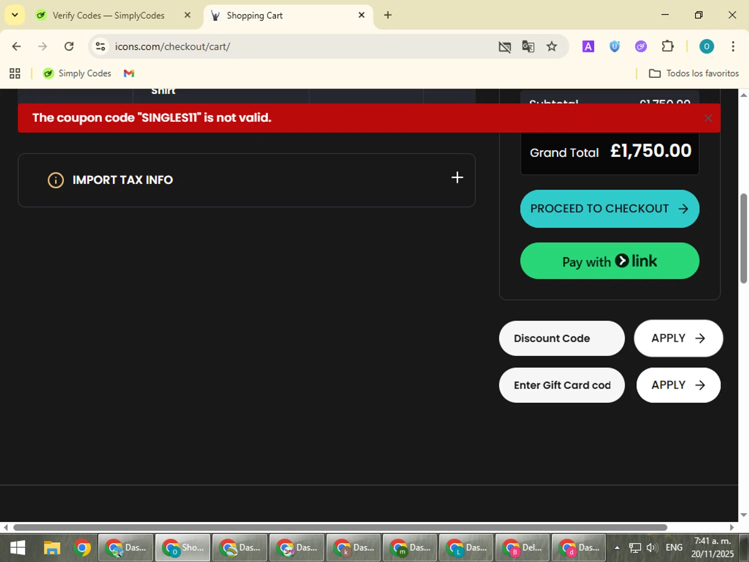 Icons.com discount code screenshot showing code SINGLES11 applied at Icons.com checkout page. Uploaded by SimplyCodes community member BudgetSeeker9524 on Nov 20, 2025