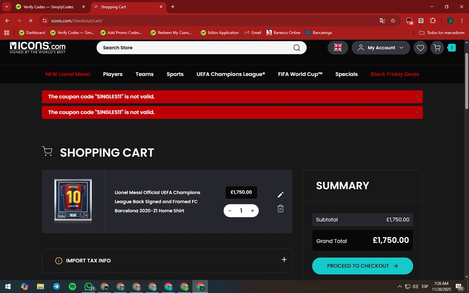 Icons.com discount code screenshot showing code SINGLES11 applied at Icons.com checkout page. Uploaded by SimplyCodes community member SilverAdmiral2559 on Nov 20, 2025