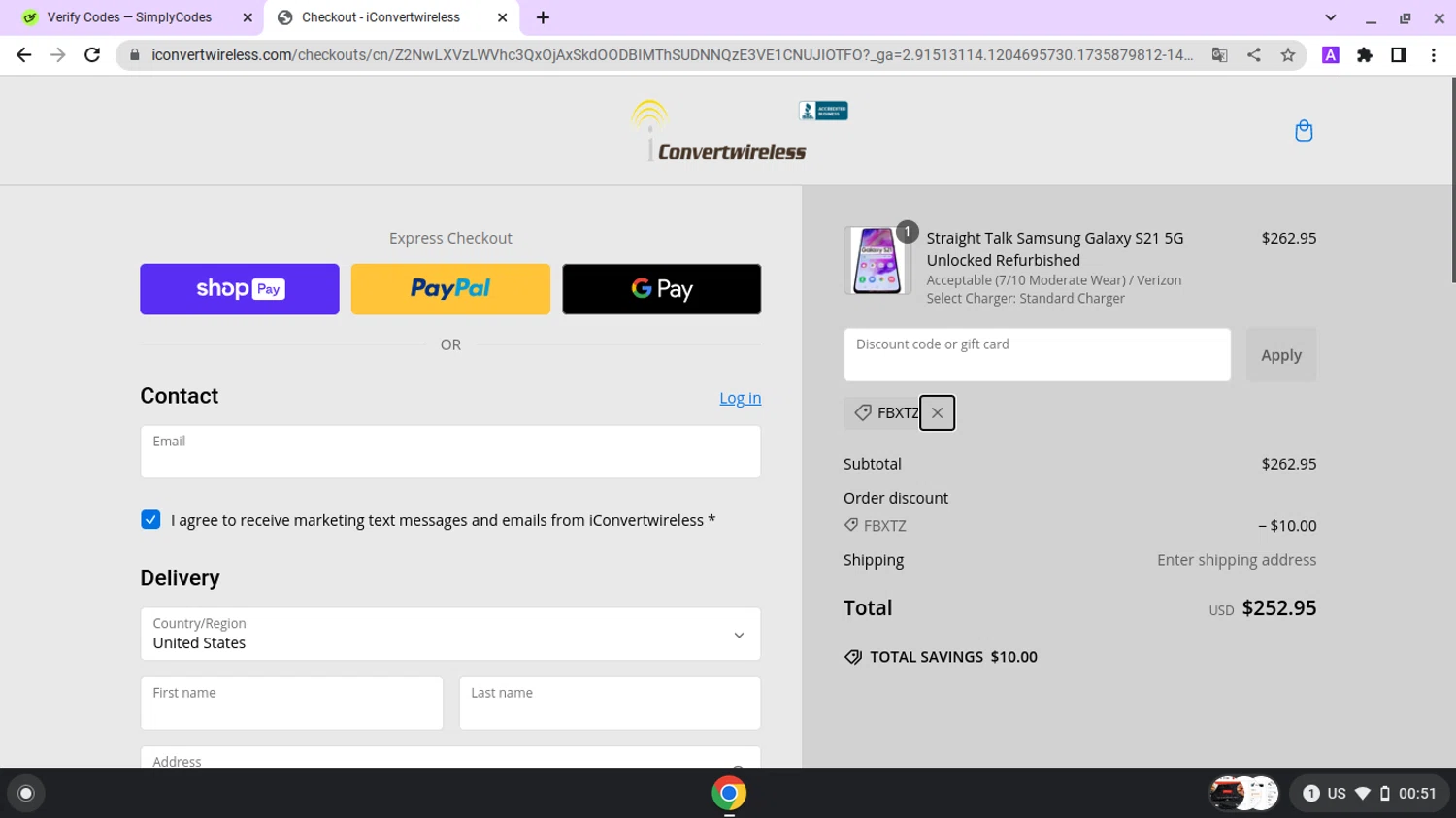 iConvertwireless promo code screenshot showing code FBXTZ applied at iConvertwireless checkout page. Uploaded by SimplyCodes community member lapampita on Jan 3, 2025