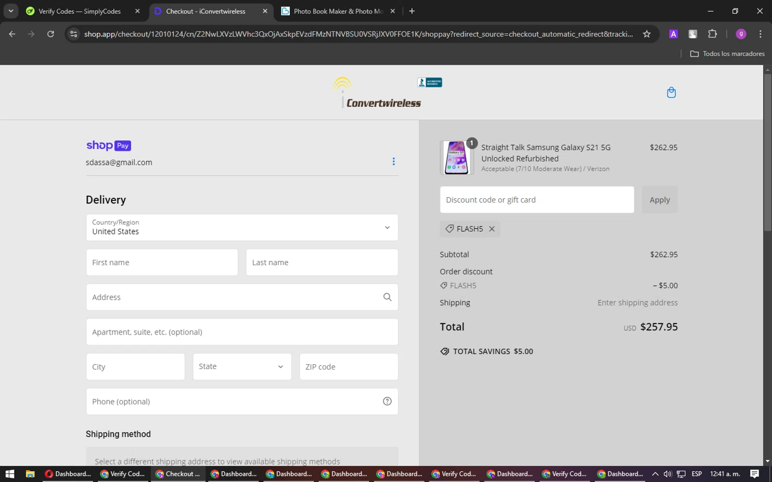 iConvertwireless promo code screenshot showing code FLASH5 applied at iConvertwireless checkout page. Uploaded by SimplyCodes community member DealPilot7721 on Jan 25, 2025
