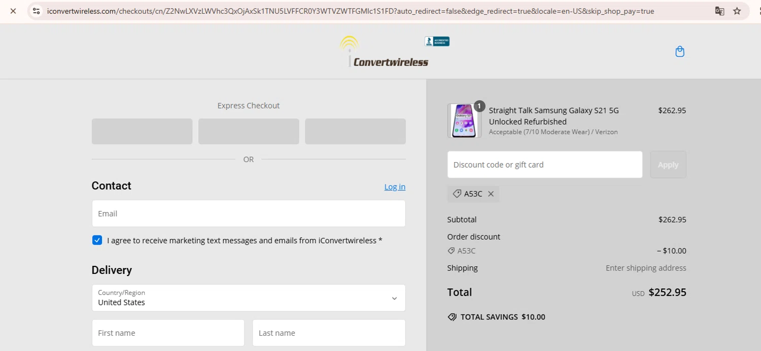iConvertwireless promo code screenshot showing code A53C applied at iConvertwireless checkout page. Uploaded by SimplyCodes community member Samugl21 on Feb 23, 2025