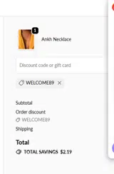 WELCOME89 coupon verification screenshot