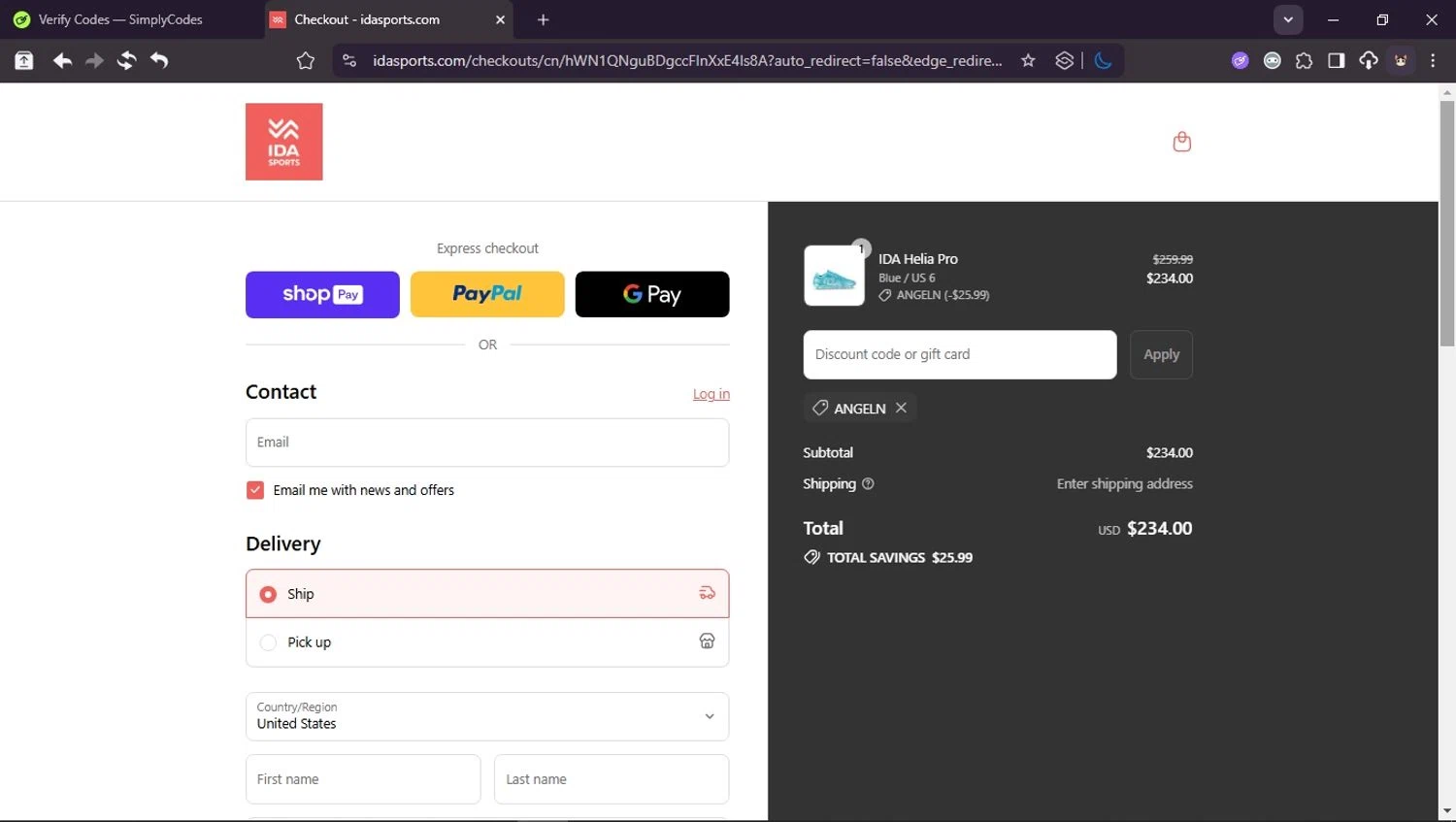Ida Sports discount code screenshot showing code ANGELN applied at Ida Sports checkout page. Uploaded by SimplyCodes community member Userr2 on Aug 4, 2025
