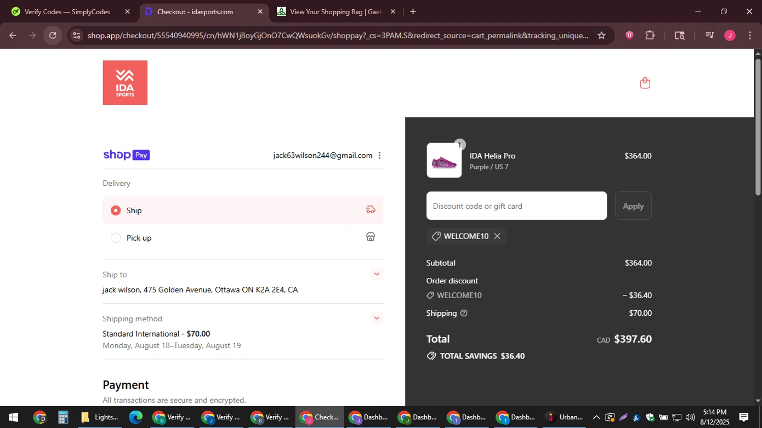 Ida Sports discount code screenshot showing code WELCOME10 applied at Ida Sports checkout page. Uploaded by SimplyCodes community member JackWilson63 on Aug 12, 2025
