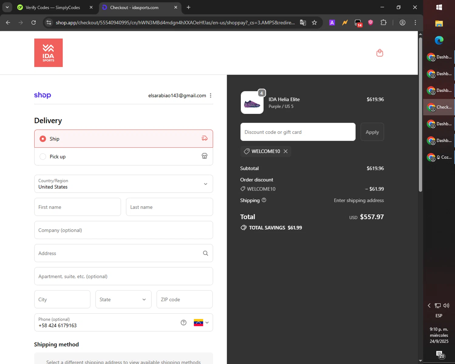 Ida Sports discount code screenshot showing code WELCOME10 applied at Ida Sports checkout page. Uploaded by SimplyCodes community member SmartMaverick5327 on Sep 24, 2025