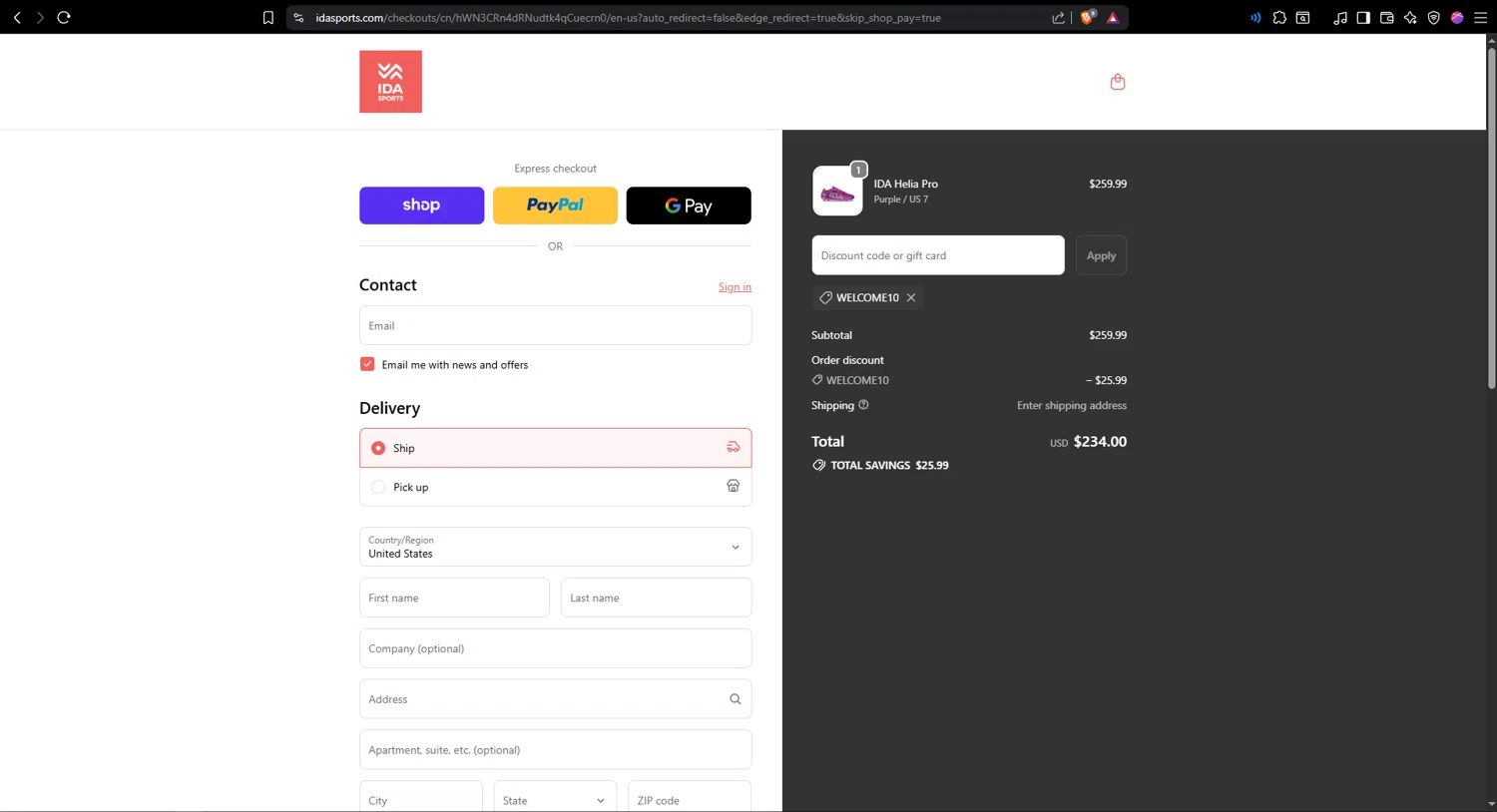 Ida Sports discount code screenshot showing code WELCOME10 applied at Ida Sports checkout page. Uploaded by SimplyCodes community member leonardjose on Sep 20, 2025