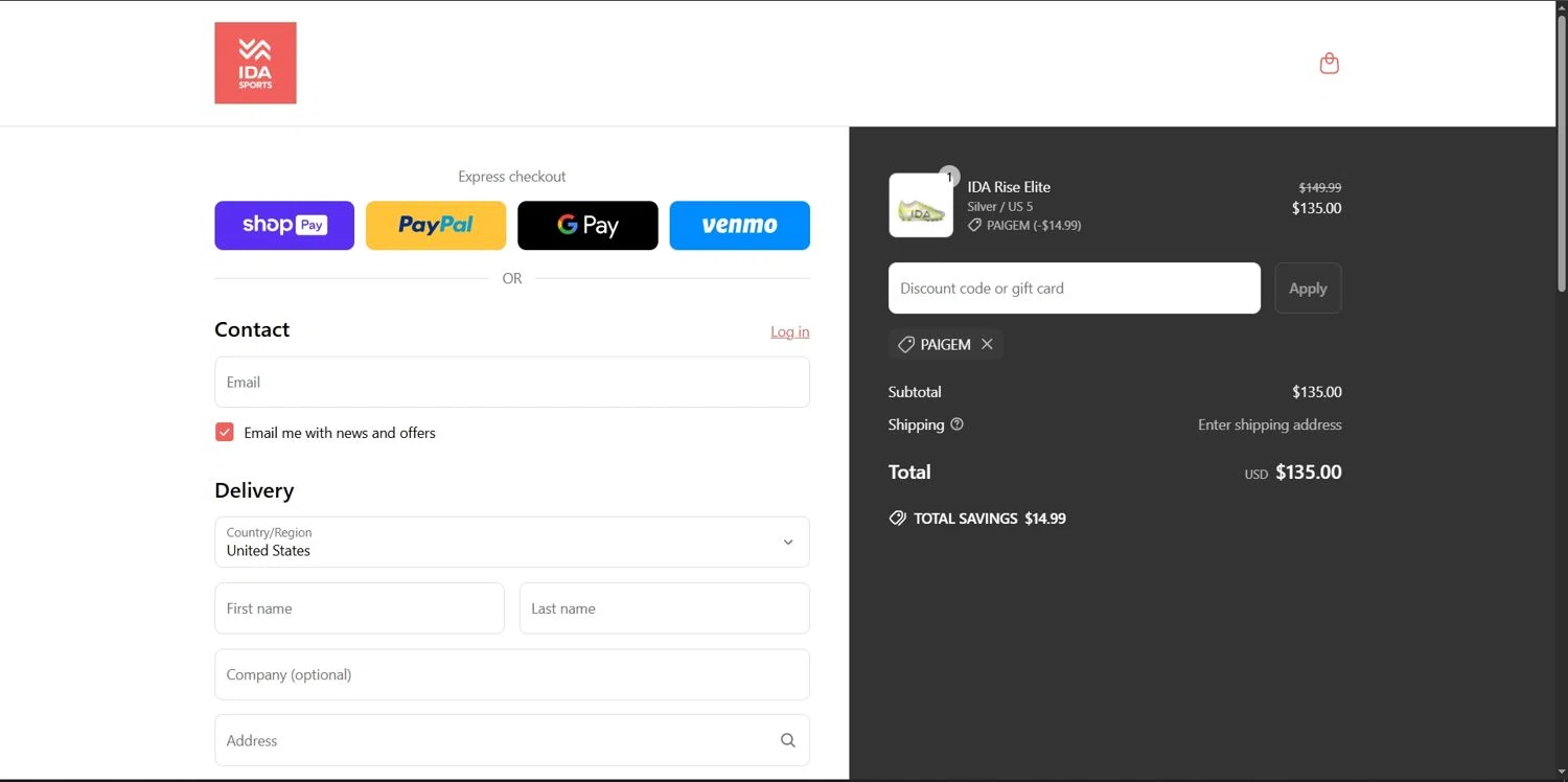Ida Sports discount code screenshot showing code PAIGEM applied at Ida Sports checkout page. Uploaded by SimplyCodes community member Depressive on Jun 11, 2025