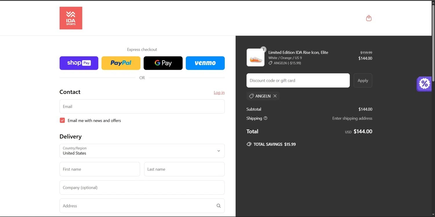 Ida Sports discount code screenshot showing code ANGELN applied at Ida Sports checkout page. Uploaded by SimplyCodes community member Depressive on Jun 16, 2025