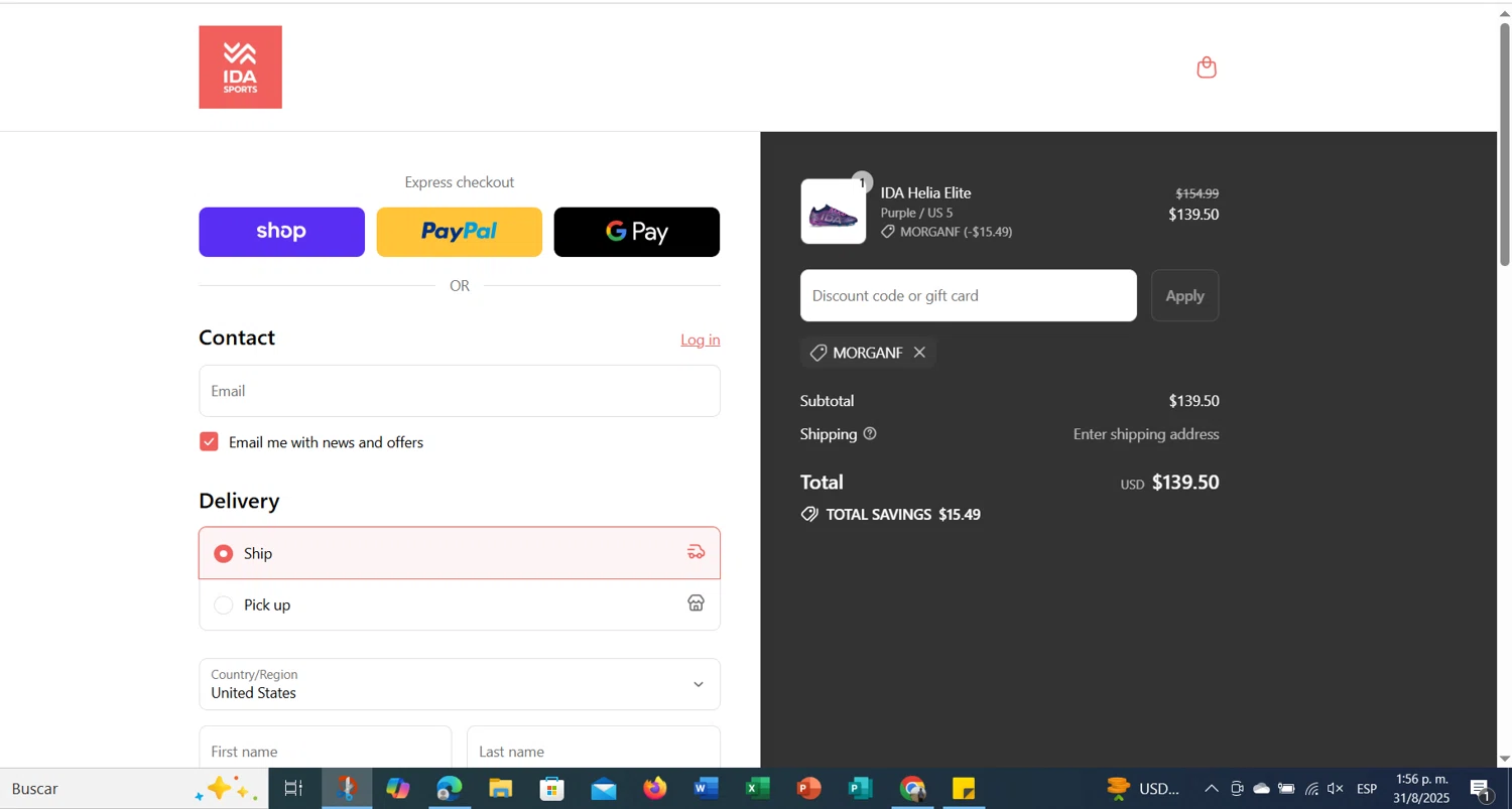 Ida Sports discount code screenshot showing code MorganF applied at Ida Sports checkout page. Uploaded by SimplyCodes community member cristianmendoza on Aug 31, 2025