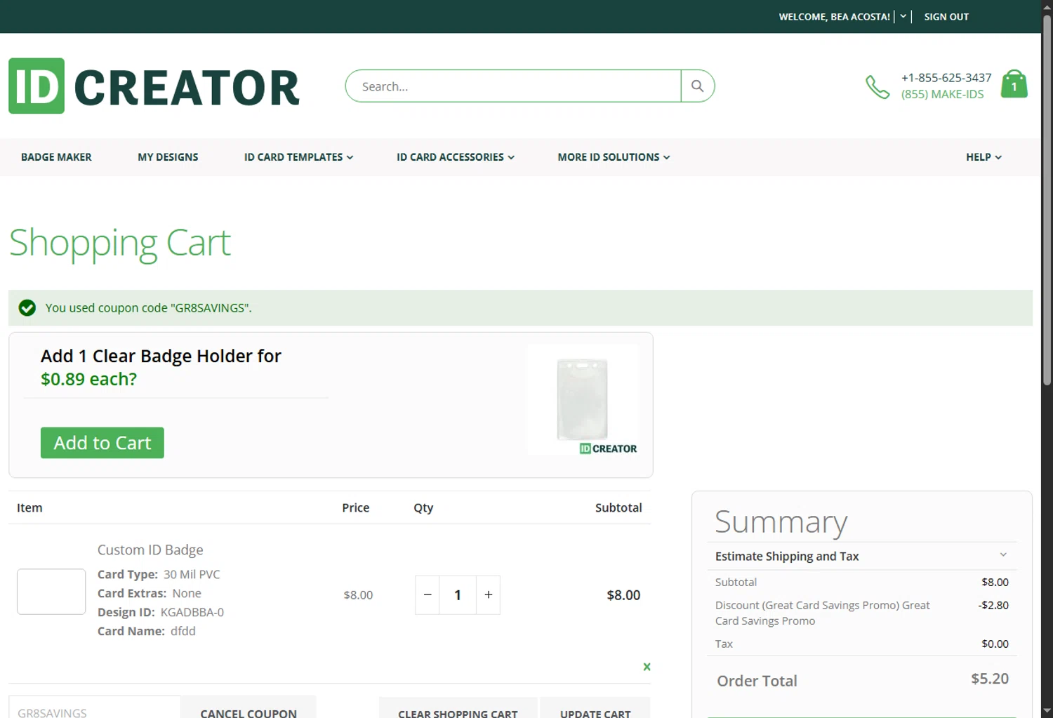 IDCreator.com discount code screenshot showing code GR8SAVINGS applied at IDCreator.com checkout page. Uploaded by SimplyCodes community member BeaMartinez on Apr 4, 2025