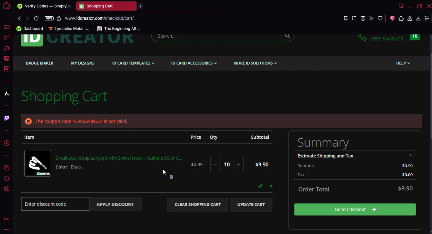 IDCreator.com discount code screenshot showing code GR8SAVINGS applied at IDCreator.com checkout page. Uploaded by SimplyCodes community member Ema007 on Jun 3, 2025