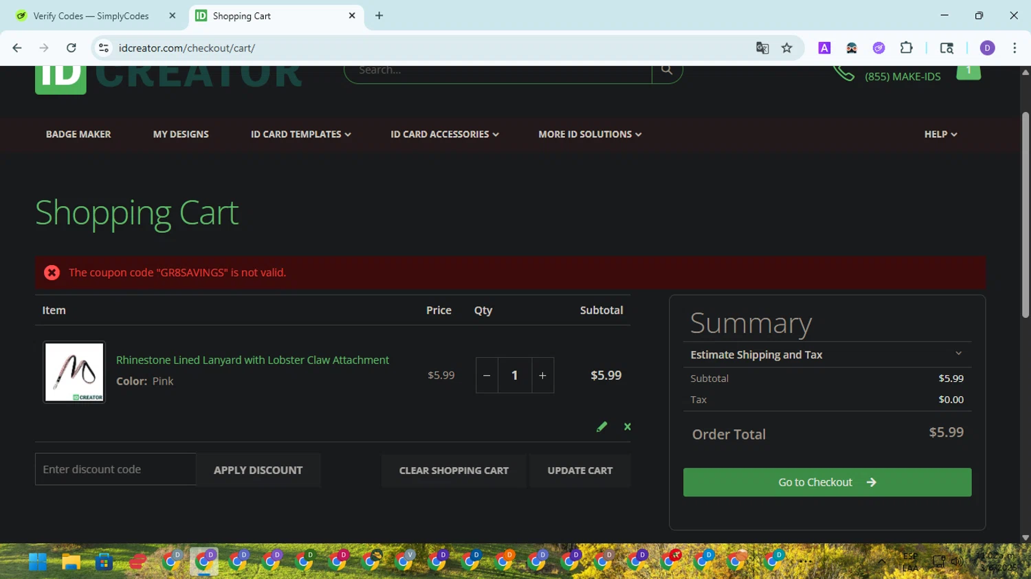 IDCreator.com discount code screenshot showing code GR8SAVINGS applied at IDCreator.com checkout page. Uploaded by SimplyCodes community member EpicSpotter8045 on Jun 3, 2025