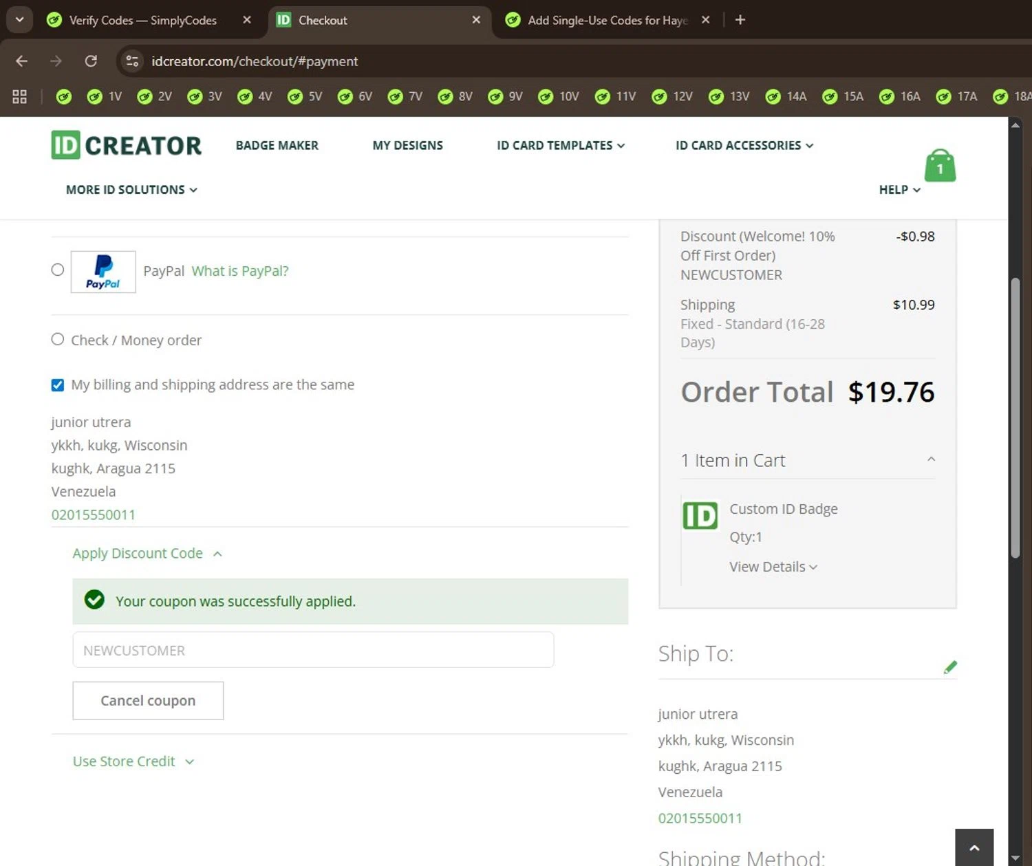 IDCreator.com checkout page showing IDCreator.com discount code box | Screenshot taken by SimplyCodes community member on Jan 7, 2026