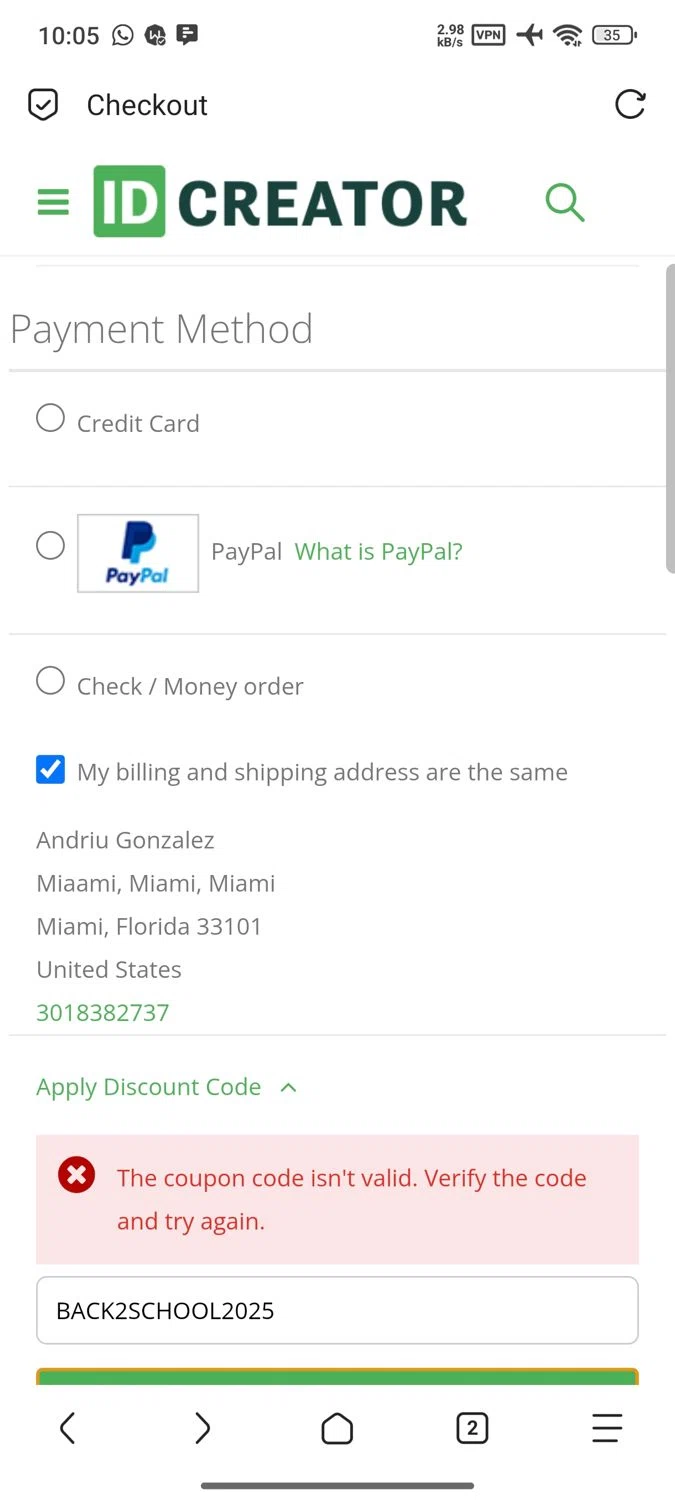 IDCreator.com discount code screenshot showing code BACK2SCHOOL2025 applied at IDCreator.com checkout page. Uploaded by SimplyCodes community member KingRa on Sep 13, 2025
