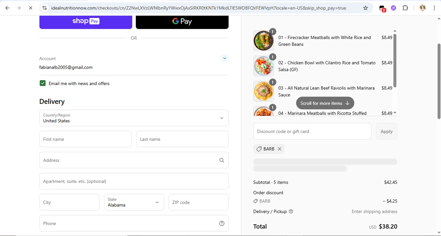Ideal Nutrition coupon code screenshot showing code BARB applied at Ideal Nutrition checkout page. Uploaded by SimplyCodes community member LegendaryTitan9160 on May 6, 2025