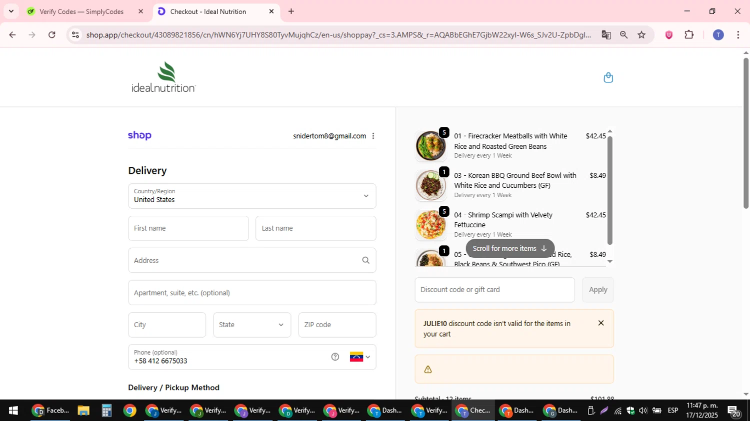 Ideal Nutrition coupon code screenshot showing code Julie10 applied at Ideal Nutrition checkout page. Uploaded by SimplyCodes community member snidertom8 on Dec 18, 2025