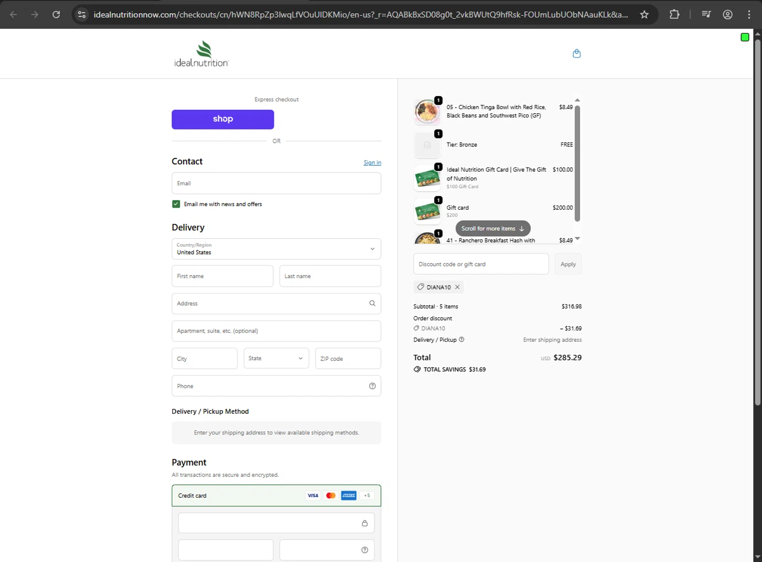Ideal Nutrition checkout page showing Ideal Nutrition coupon code box | Screenshot taken by SimplyCodes community member on Feb 5, 2026