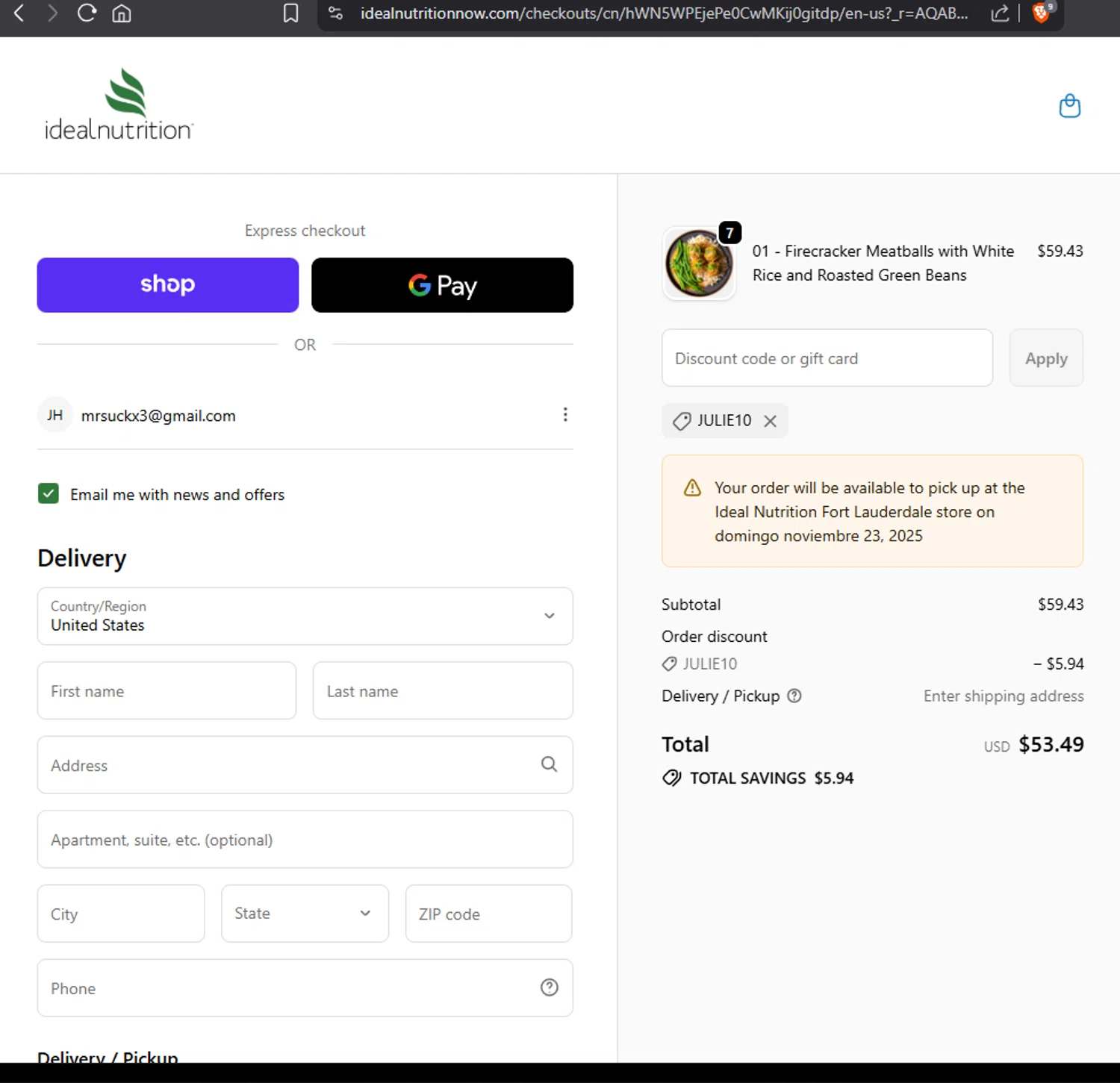 Ideal Nutrition coupon code screenshot showing code JULIE10 applied at Ideal Nutrition checkout page. Uploaded by SimplyCodes community member Jmhernand1 on Nov 20, 2025
