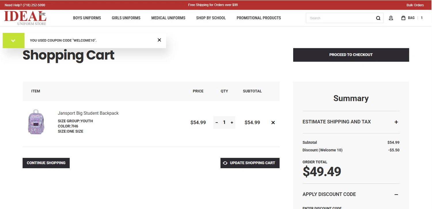 Ideal Uniform discount code screenshot showing code welcome10 applied at Ideal Uniform checkout page. Uploaded by SimplyCodes community member Alydrop on Aug 1, 2025