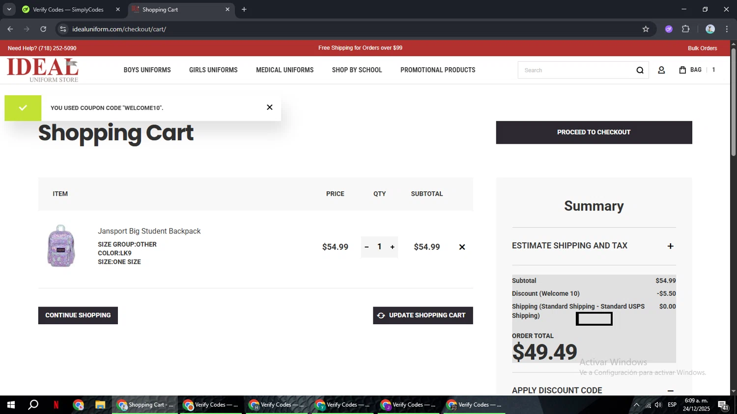 Ideal Uniform discount code screenshot showing code welcome10 applied at Ideal Uniform checkout page. Uploaded by SimplyCodes community member ShrewdSeeker6165 on Dec 24, 2025