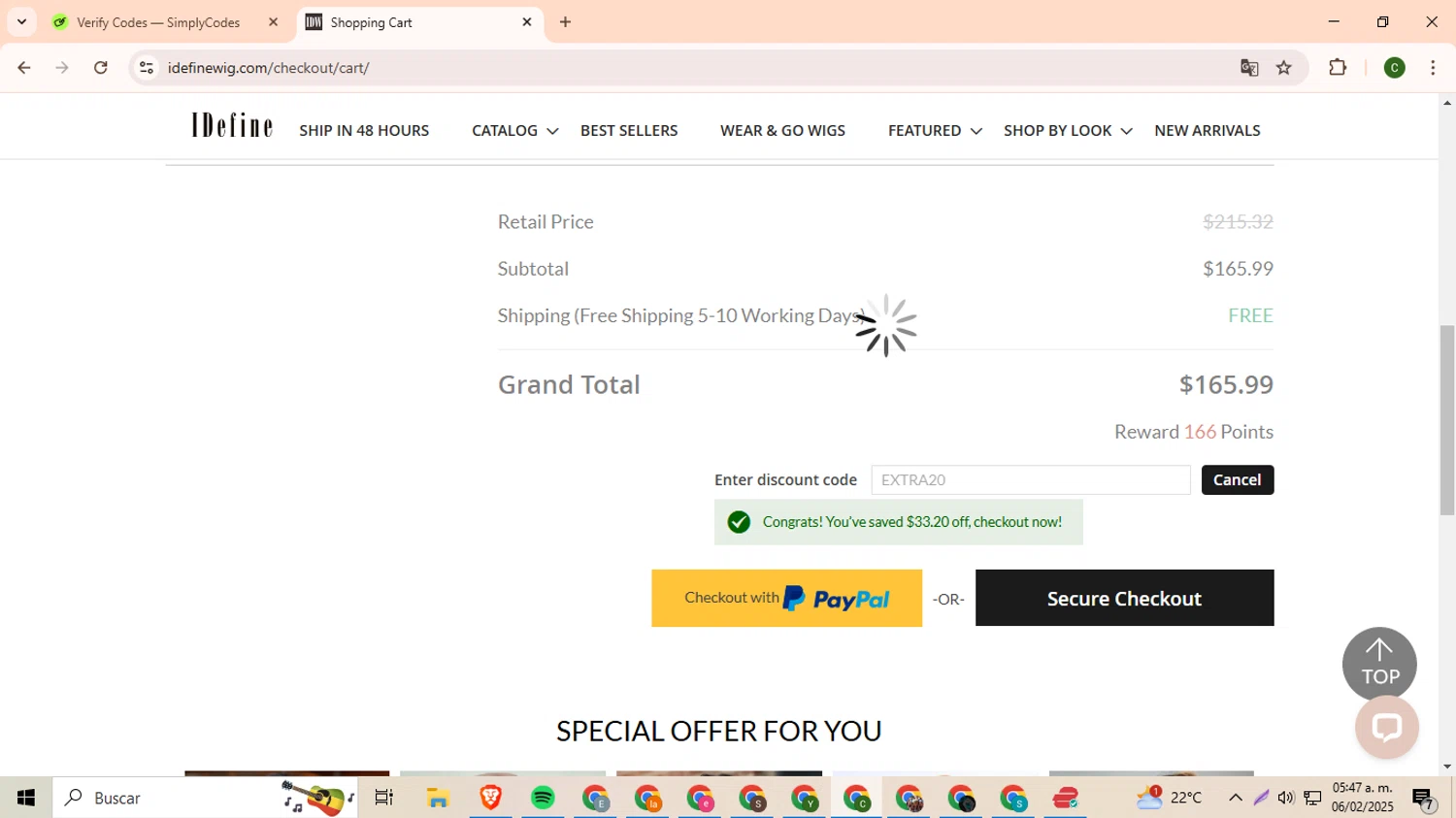 IDefine promo code screenshot showing code EXTRA20 applied at IDefine checkout page. Uploaded by SimplyCodes community member DevianArt on Feb 6, 2025