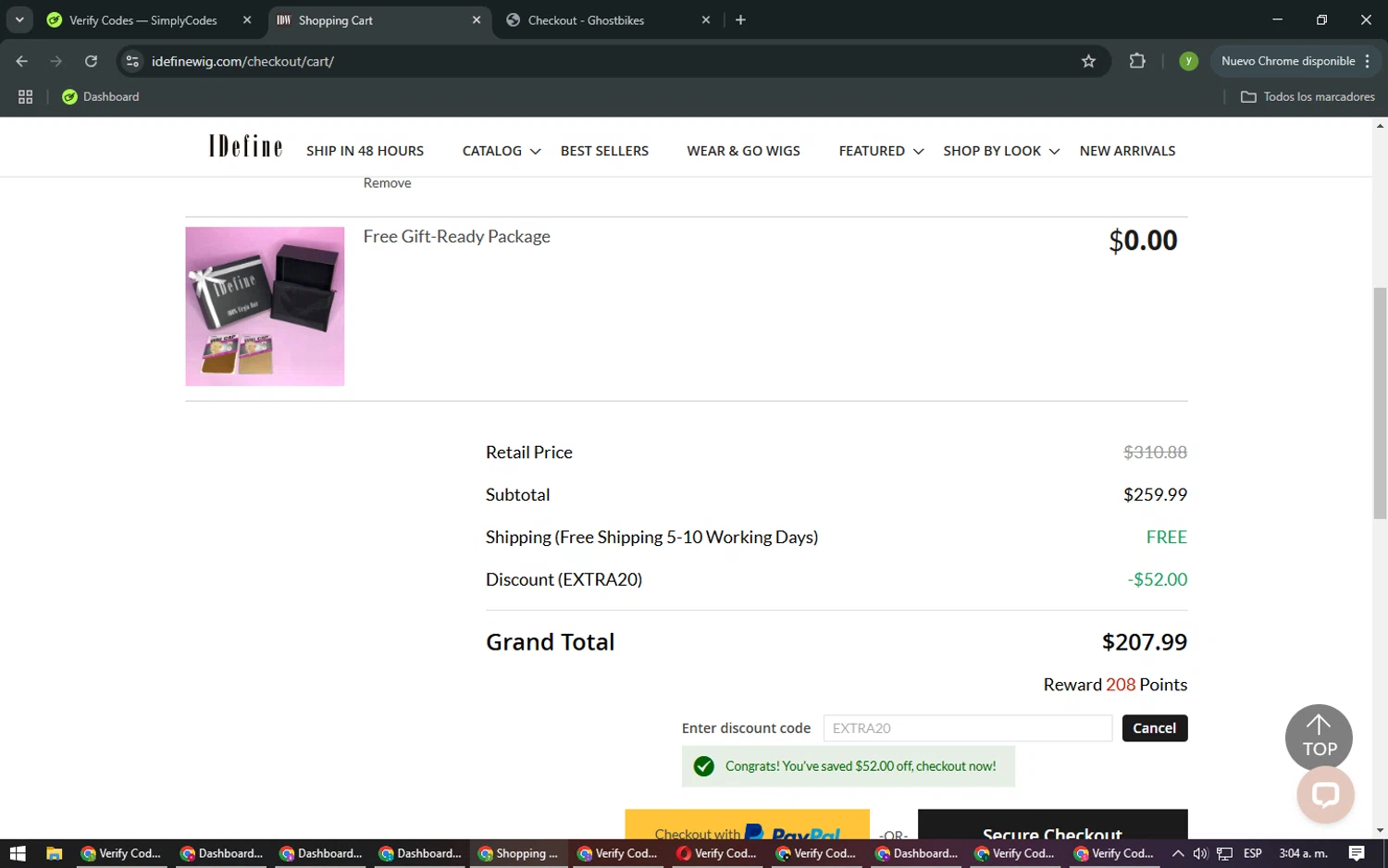 IDefine promo code screenshot showing code EXTRA20 applied at IDefine checkout page. Uploaded by SimplyCodes community member NobleMaestro676 on Feb 25, 2025