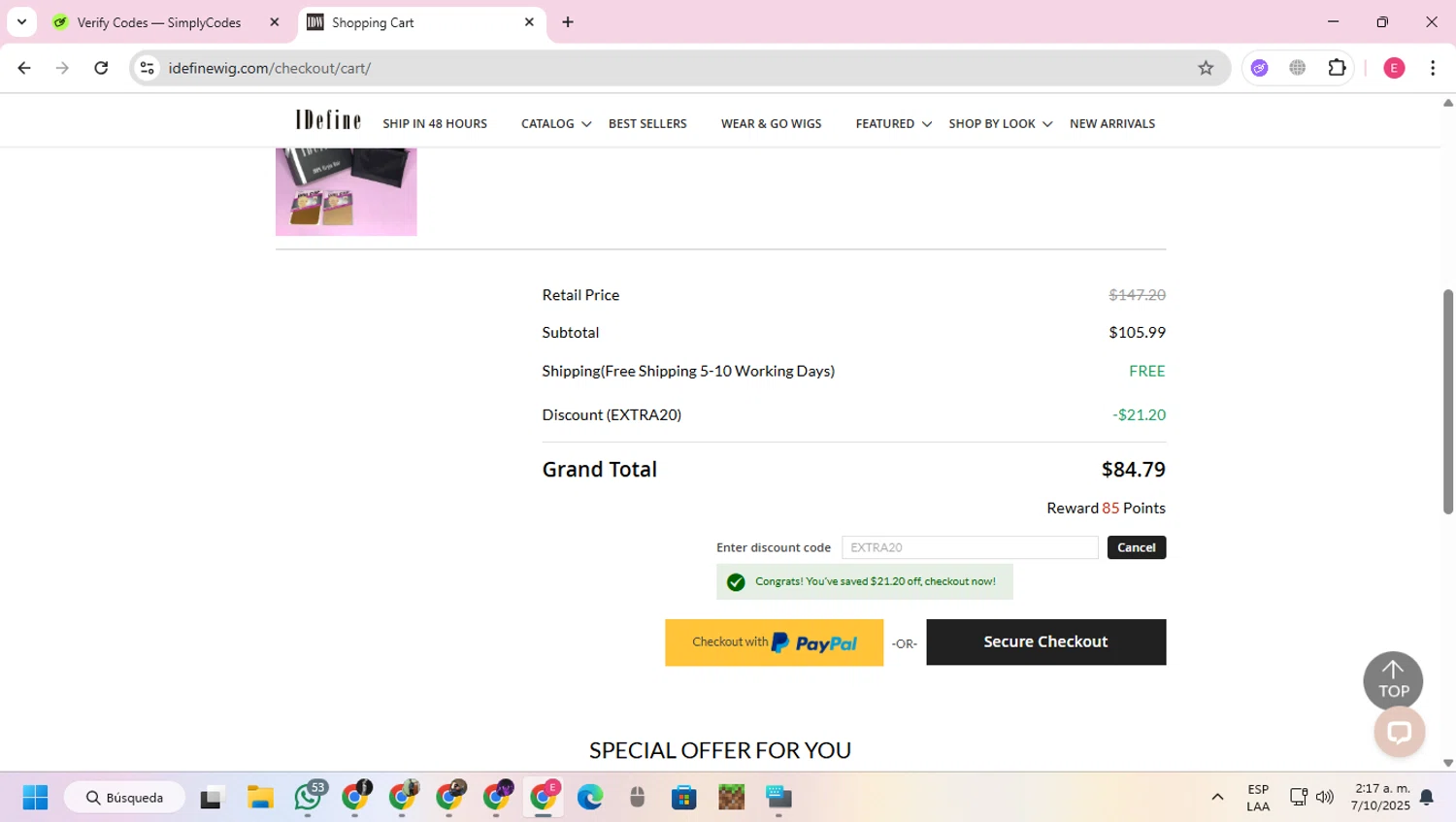 IDefine promo code screenshot showing code EXTRA20 applied at IDefine checkout page. Uploaded by SimplyCodes community member VoucherExpert2930 on Oct 7, 2025