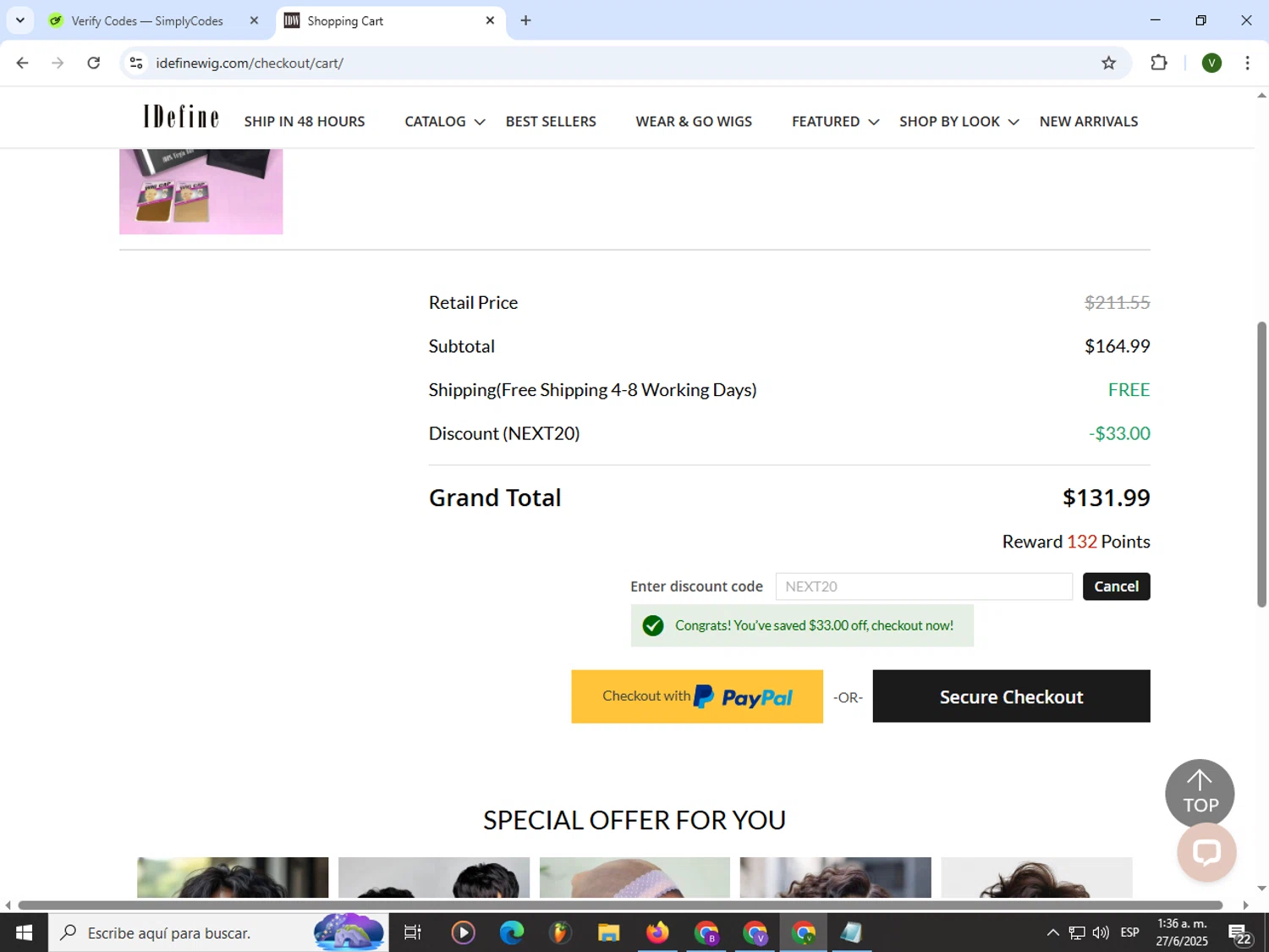 IDefine promo code screenshot showing code NEXT20 applied at IDefine checkout page. Uploaded by SimplyCodes community member PrimeWizard4168 on Jun 27, 2025