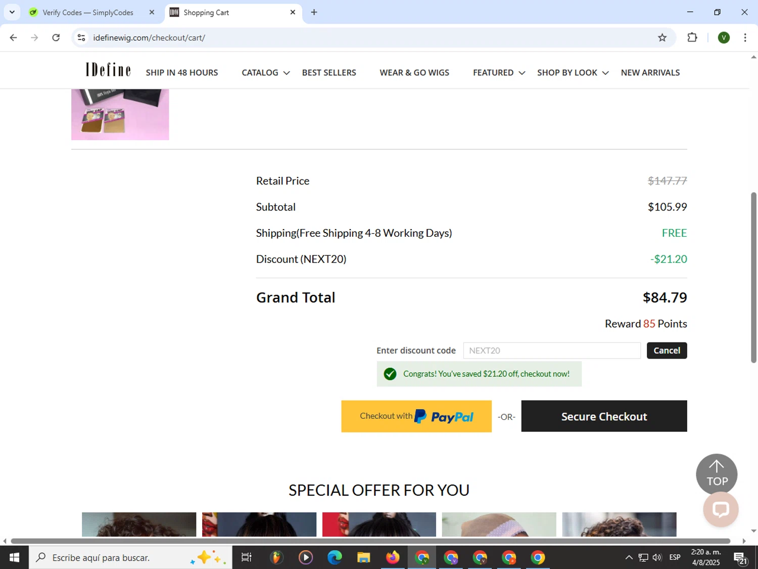 IDefine promo code screenshot showing code NEXT20 applied at IDefine checkout page. Uploaded by SimplyCodes community member PrimeWizard4168 on Aug 4, 2025