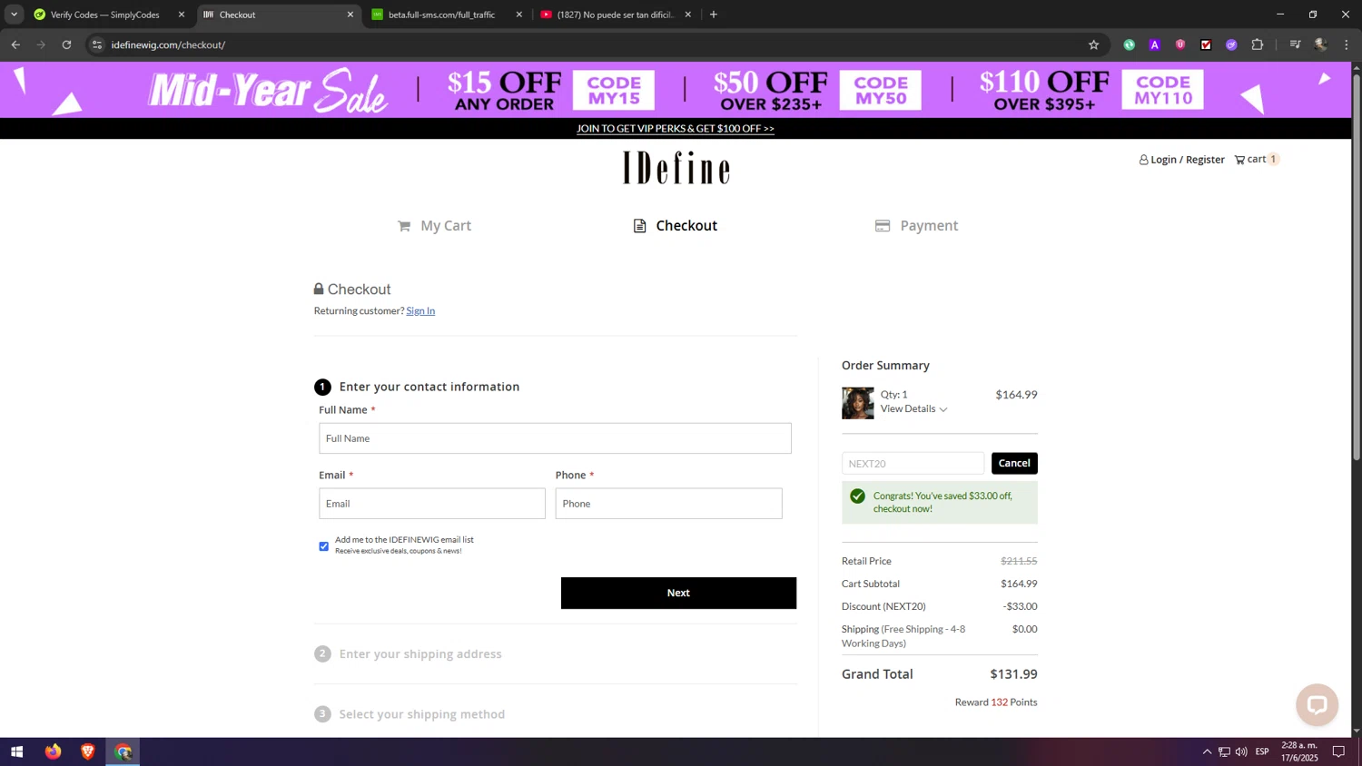 IDefine promo code screenshot showing code NEXT20 applied at IDefine checkout page. Uploaded by SimplyCodes community member eliaskao on Jun 17, 2025