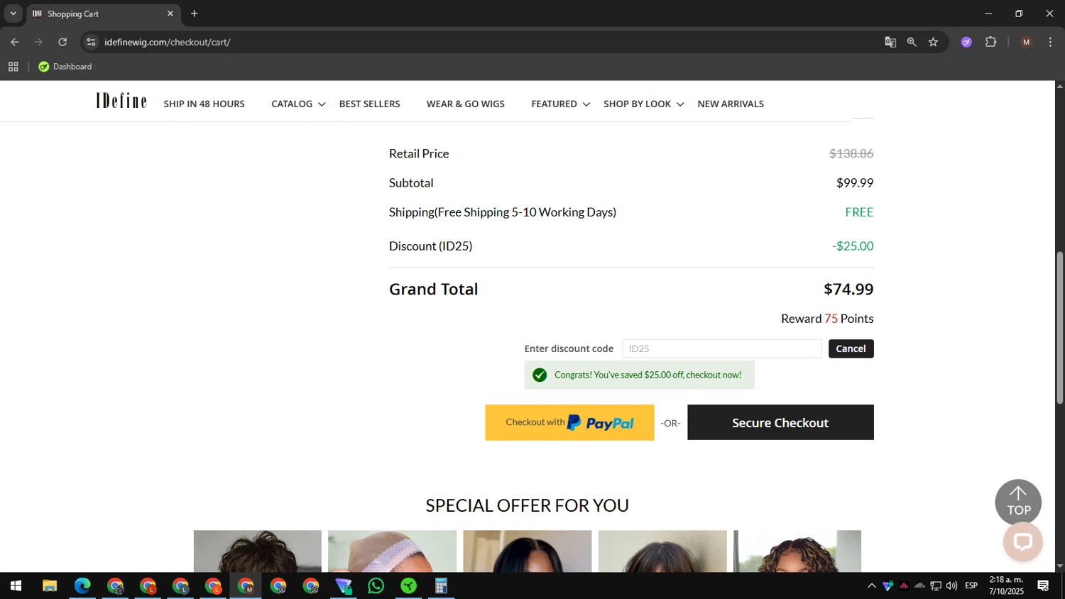 IDefine promo code screenshot showing code ID25 applied at IDefine checkout page. Uploaded by SimplyCodes community member CouponWizard2714 on Oct 7, 2025