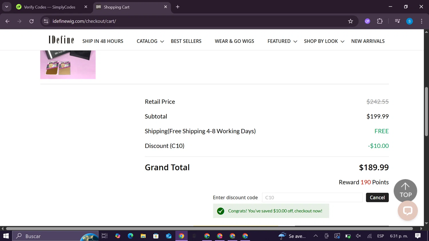 IDefine promo code screenshot showing code C10 applied at IDefine checkout page. Uploaded by SimplyCodes community member CodeExpert981 on Sep 16, 2025