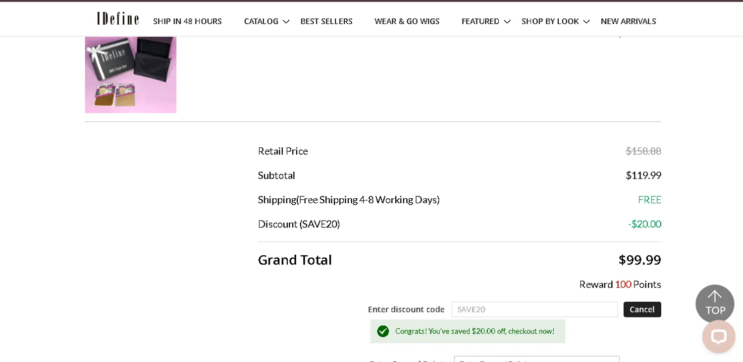IDefine promo code screenshot showing code SAVE20 applied at IDefine checkout page. Uploaded by SimplyCodes community member ValiantMaverick169 on Dec 6, 2025