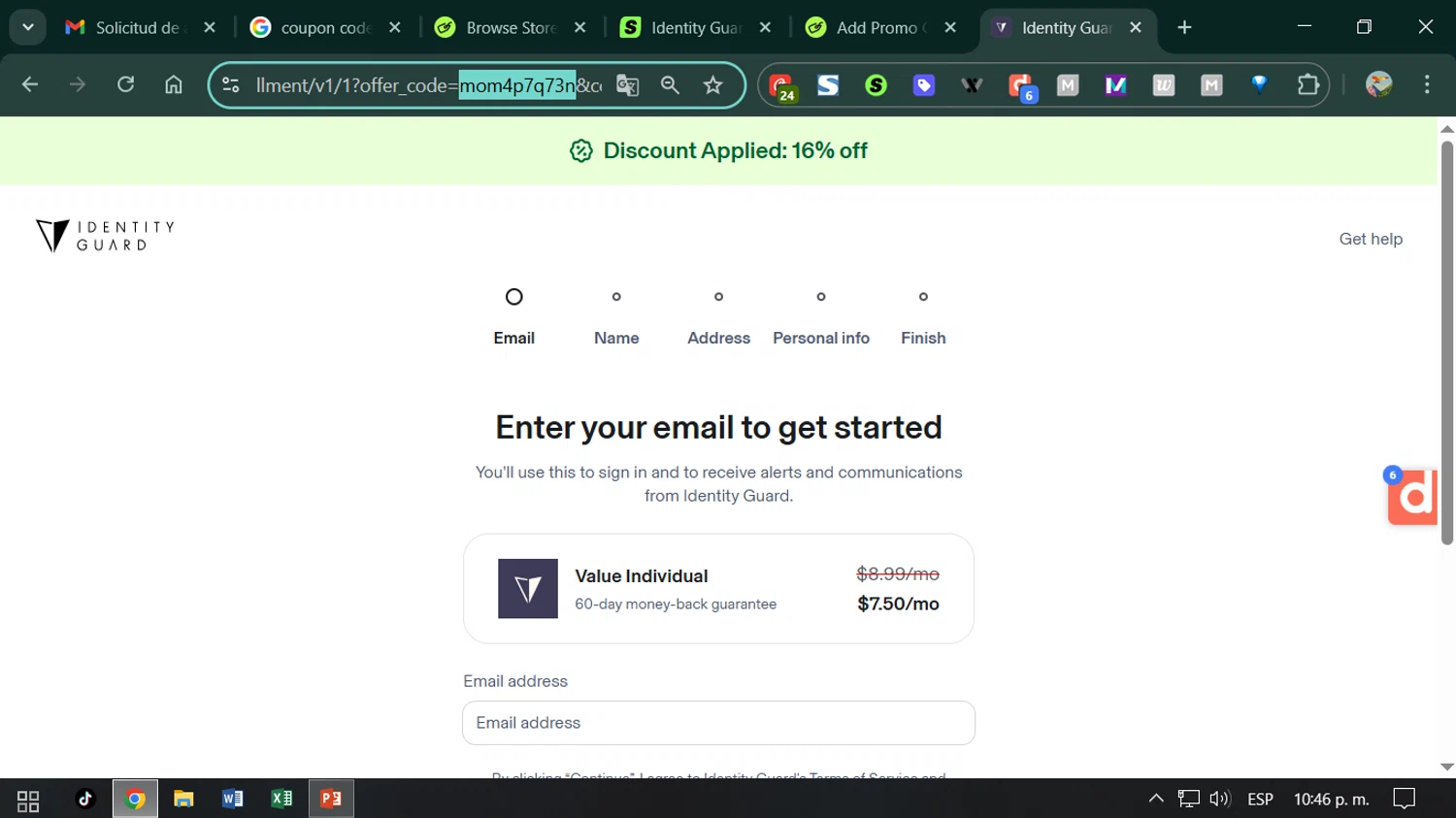 Identity Guard promo code screenshot showing code rt9fgsmq91 applied at Identity Guard checkout page. Uploaded by SimplyCodes community member ESTHER3121 on Dec 15, 2025