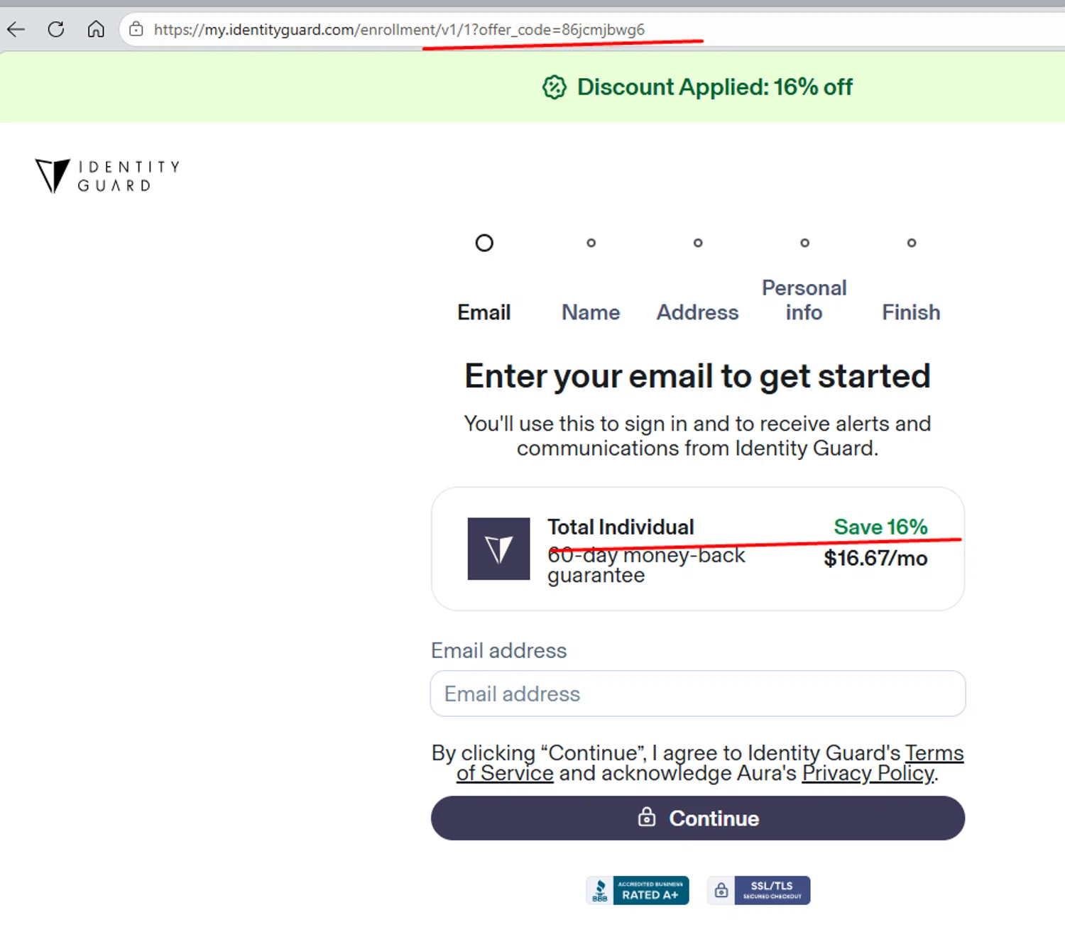 Identity Guard promo code screenshot showing code 86jcmjbwg6 applied at Identity Guard checkout page. Uploaded by SimplyCodes community member morella687 on May 14, 2026