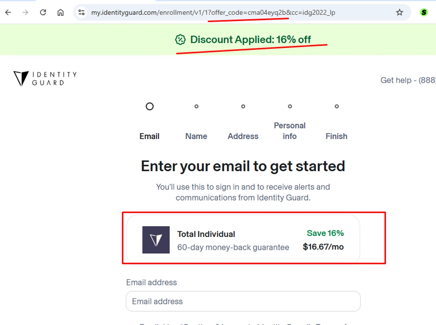 Identity Guard promo code screenshot showing code cma04eyq2b applied at Identity Guard checkout page. Uploaded by SimplyCodes community member morella687 on Jan 16, 2026