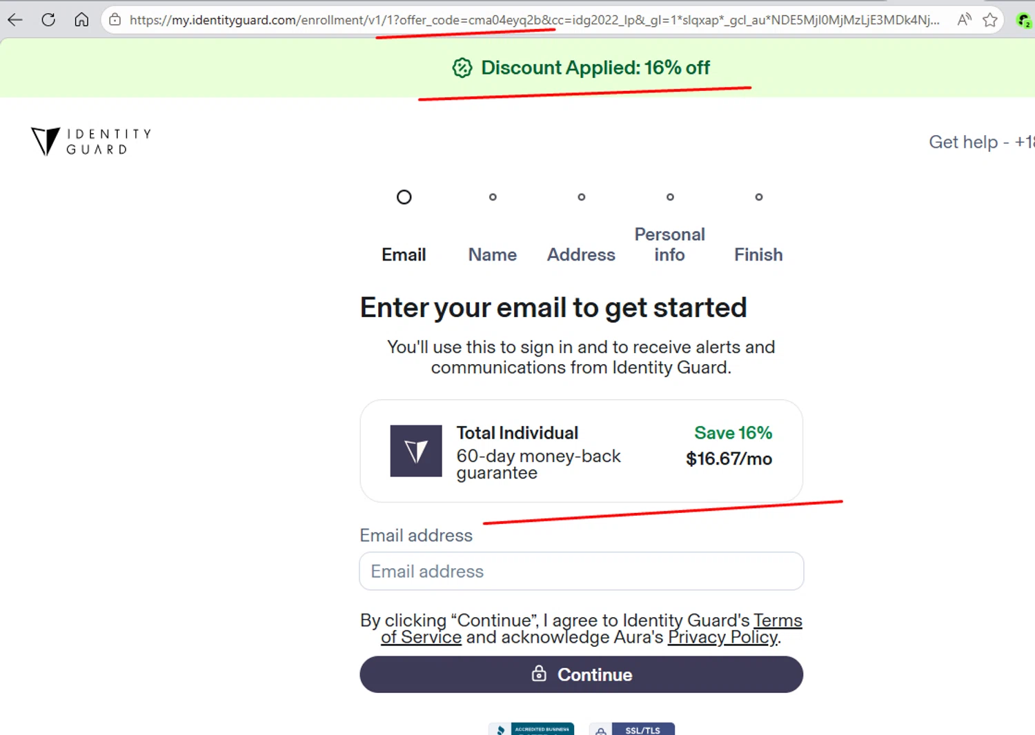 Identity Guard promo code screenshot showing code cma04eyq2b applied at Identity Guard checkout page. Uploaded by SimplyCodes community member paola49520 on May 23, 2026