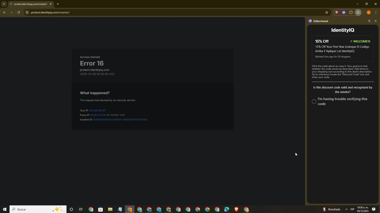 IdentityIQ promo code screenshot showing code WELCOME15 applied at IdentityIQ checkout page. Uploaded by SimplyCodes community member PrimeCaptain3418 on Dec 29, 2025