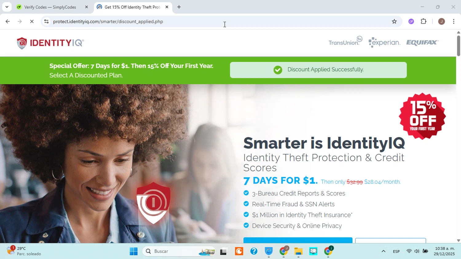 IdentityIQ promo code screenshot showing code WELCOME15 applied at IdentityIQ checkout page. Uploaded by SimplyCodes community member jorgejavierherrera on Dec 29, 2025