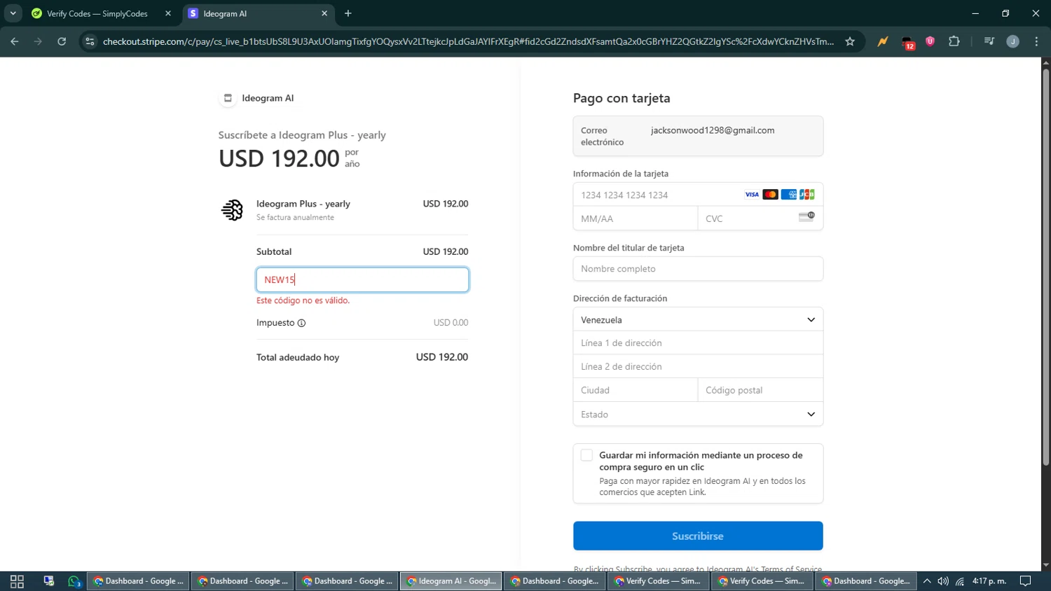 Ideogram promo code screenshot showing code NEW15 applied at Ideogram checkout page. Uploaded by SimplyCodes community member CashShopper1214 on Jun 6, 2025