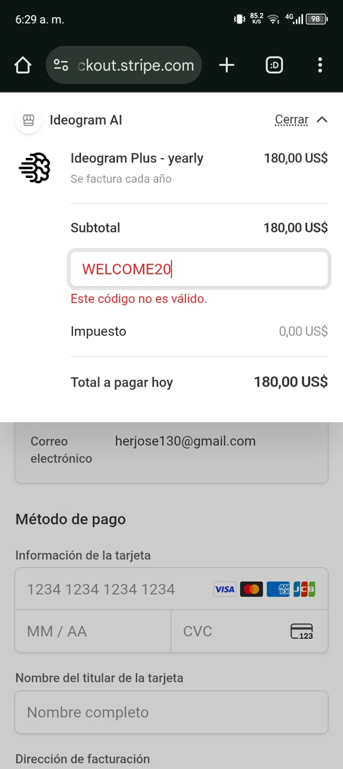 Ideogram promo code screenshot showing code WELCOME20 applied at Ideogram checkout page. Uploaded by SimplyCodes community member Bernado on Sep 26, 2025