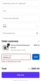 REVEAL25 coupon verification screenshot