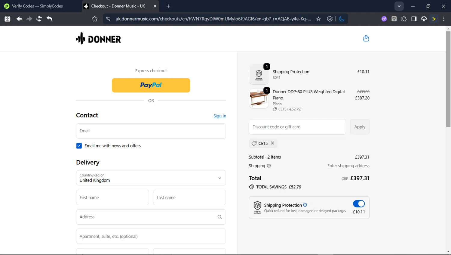 Donner promo code screenshot showing code CE15 applied at Donner checkout page. Uploaded by SimplyCodes community member userrandon on Jan 10, 2026