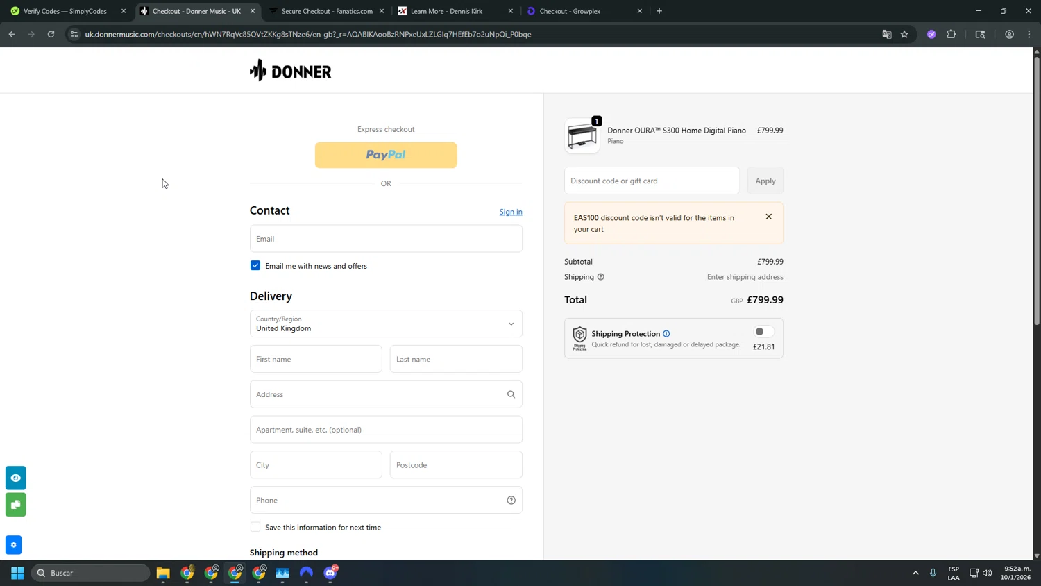 Donner promo code screenshot showing code EAS100 applied at Donner checkout page. Uploaded by SimplyCodes community member asdasdasd on Jan 10, 2026